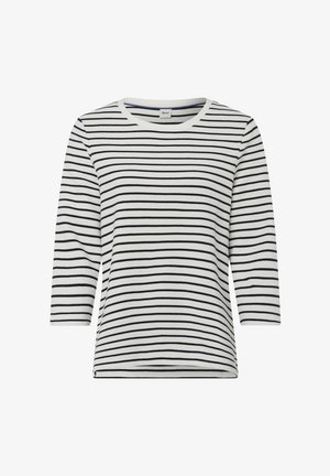 T-shirt a righe bianco con strisce nere, scollatura rotonda, maniche a tre quarti, morbido tessuto misto cotone, vestibilità casual.
