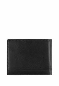 Black leather wallet with a textured finish, rectangular shape, and exposed stitching along the edges. Features a simple and sleek design.
