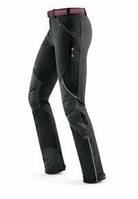 Pantalon de plein air noir avec genoux renforcés, deux poches cuisses zippées et une ceinture à motif rouge, présenté sous un léger angle.