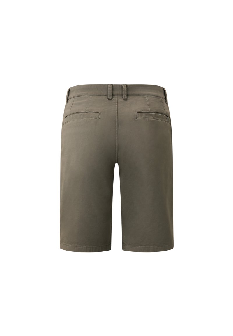 Khaki-Shorts aus glattem Baumwollstoff, mit geradem Schnitt, mittelhoher Taille und zwei Gesäßtaschen, die mit einer genähten Verzierung versehen sind.