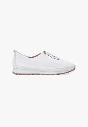 Weiße Leder-Sneaker mit glatter Textur, rundem Zehenbereich und kontrastierender Gummisohle. Verfügt über 5 Ösen und ein genähtes Oberdesign.