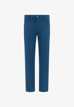 Miesten suoralahkeiset siniset housut, joissa on vyölenkit, edessä nappikiinnitys ja sivutaskut, valkoisella taustalla.