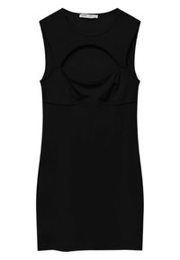 Czarna sukienka bez rękawów z okrągłym wycięciem, dopasowanym krojem i gładką teksturą. Prosty, minimalistyczny design.