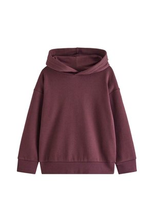 Felpa con cappuccio bordeaux a maniche lunghe con polsini e orlo a coste, vista frontale su sfondo bianco.