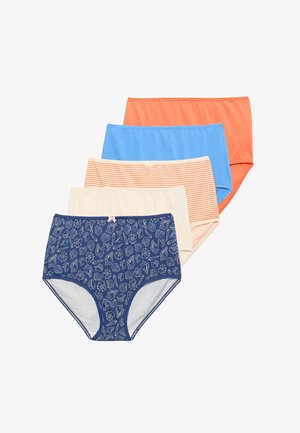 Cinq paires de culottes pour femmes dans des couleurs assorties : marine avec un motif de coquillage, crème, bleu clair, orange et rayé orange. Matériau en coton.