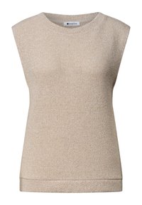 Veste sans manches en tricot beige avec encolure ronde et ourlet côtelé, motif tricot visible sur tout le tissu.