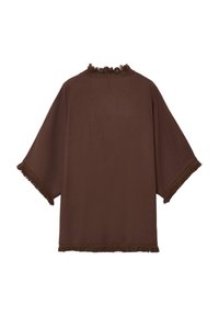 Top marrone con frange, maniche corte, caratterizzato da una vestibilità morbida e una finitura testurizzata al colletto e all'orlo.