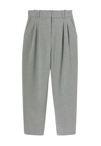 Pantalons gris à rayures fines avec une coupe droite, devant plissé et ceinture, fabriqués en tissu texturé, avec des rayures bleues discrètes.