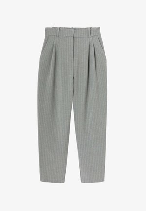 Pantalons gris à rayures fines avec une coupe droite, devant plissé et ceinture, fabriqués en tissu texturé, avec des rayures bleues discrètes.