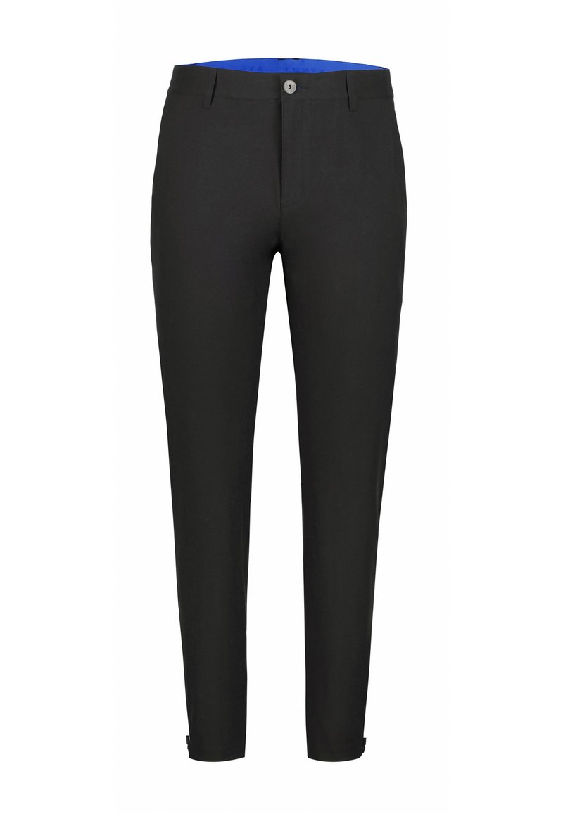 Musta housut slim fit -mallilla, valmistettu sileästä kankaasta. Sisältää sinisen sisävyön ja yhden nappisuljin. Nilkkapituinen leikkaus.