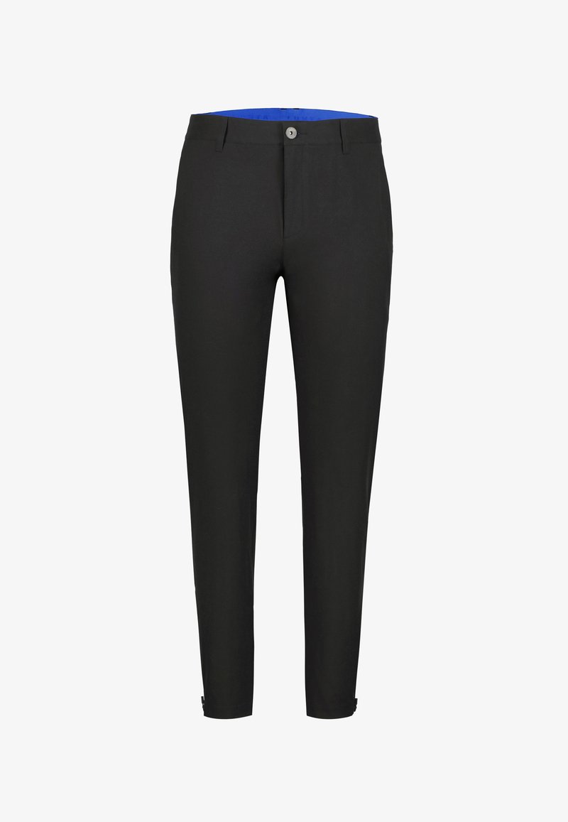 Pantalons noirs à coupe ajustée, fabriqués en tissu lisse. Dotés d'une ceinture intérieure bleue et d'une fermeture à un bouton. Coupe à la cheville.