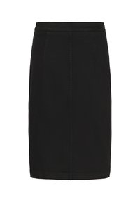 Čierna sukňa po kolená v štýle ceruzky so štíhlym strihom a minimálnymi švovými detailmi, navrhnutá pre elegantný a klasický vzhľad.