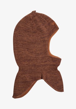 Braune gestrickte Balaklava mit strukturiertem Design, ausgestattet mit einem weichen Innenfutter, spitzem Oberteil und ausladenden Kanten für zusätzliche Wärme.