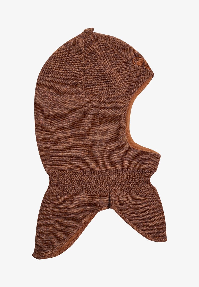 Bruine gebreide balaclava met een gestructureerd ontwerp, voorzien van een zachte binnenvoering, een puntige bovenkant en uitlopende randen voor extra warmte.