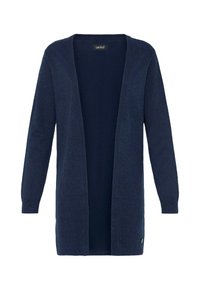 Cardigan marine à manches longues, à l'avant ouvert, avec des poignets côtelés et une texture douce. Présente un petit logo sur le bas à droite.