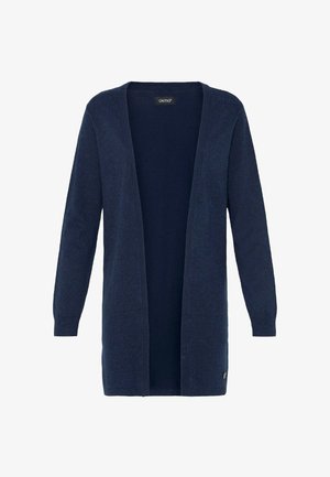 Marinblå cardigan med långa ärmar, öppen front, ribbade muddar och en mjuk textur. Har en liten logotypdetalj i nedre högra hörnet.