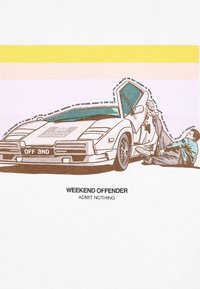 Illustration of a white sports car with open doors and a figure working underneath. Text reads "WEEKEND OFFENDER" and "ADMIT NOTHING" in bold black.