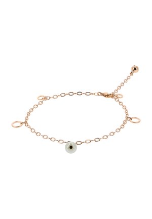 Hieno kultainen ketjurannekoru, jossa keskellä valkoinen helmiripustin ja kolme pientä kultalankakaarta, säädettävällä lukolla.