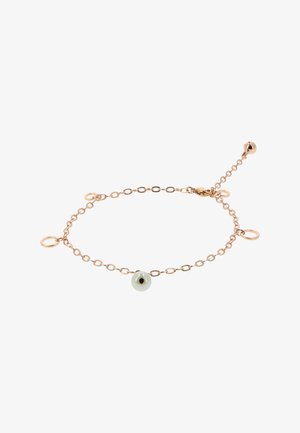 Brățară delicată din lanț de aur cu un charm central cu perlă albă și trei mici accente de cercuri aurii, prevăzută cu un sistem de închidere reglabil.