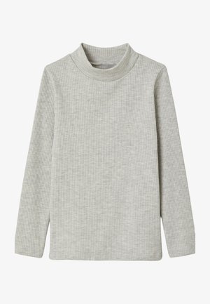 Lichtgrijs geribd langärmelig shirt met een col, gemaakt van zachte, rekbare gebreide stof.