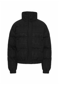 Juodas paminkštintas džemperis su aukštu apykakle, priekinis užtrauktukas, dengtas mygtukais, užtrauktukais šoninės kišenės ir elastingos rankogaliai bei apatinė dalis.