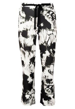 Zwart-witte yogabroek met abstract vlinderpatroon, elastische tailleband met trekkoord, getailleerd ontwerp en splitten bij de enkels.