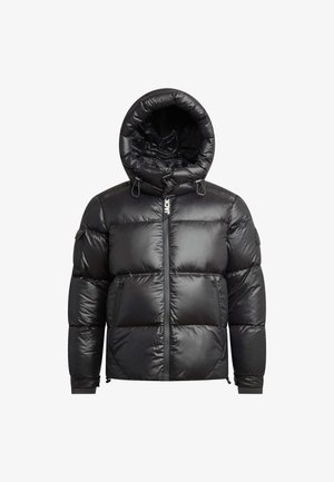 Schwarze Steppjacke mit hohem Kragen und verstellbarer Kapuze, Reißverschluss auf der Vorderseite und elastischen Bündchen. Glatte, glänzende Oberfläche mit gepolstertem Muster.