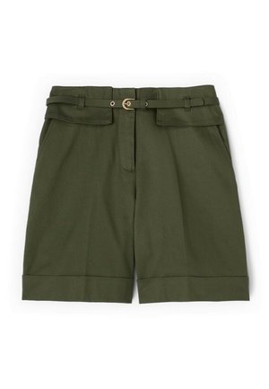 Skræddersyede shorts i olivengrøn med opbuk på kanten, lommer foran med klap, bæltestropper og et tyndt matchende bælte med spænde i guldfarve.