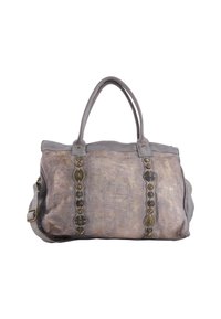 Grau Lederhandtasche mit doppelten Griffen, die ein kunstvolles Muster aus kreisförmigen Akzenten an der Vorderseite und eine strukturierte Oberfläche aufweist.