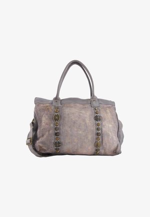 Grijze leren tas met dubbele handvatten, voorzien van een ornate patroon van cirkelvormige accenten aan de voorkant en een gestructureerde afwerking.