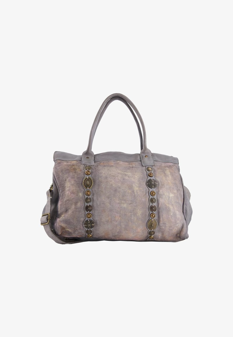 Grau Lederhandtasche mit doppelten Griffen, die ein kunstvolles Muster aus kreisförmigen Akzenten an der Vorderseite und eine strukturierte Oberfläche aufweist.