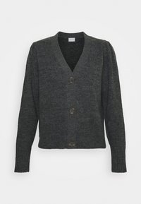 Dunkelgrauer gestrickter Cardigan mit V-Ausschnitt, fünf Knöpfen auf der Vorderseite, gerippten Bündchen und Saum, langen Ärmeln und strukturiertem Stoff.