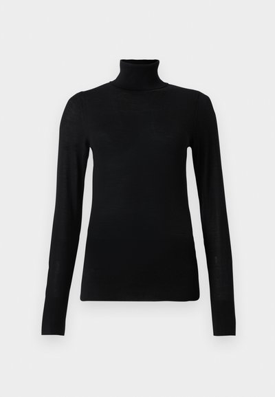 Fekete garbó pulóver puha, könnyű anyagból készült. Hosszú ujjaival és testhezálló kialakításával, magas nyakkal rendelkezik.