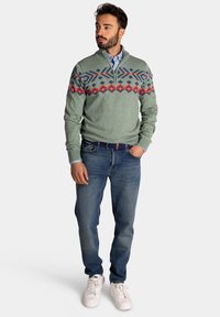 Lichtgroene trui met een ritssluiting bij de kraag, voorzien van een geometrisch patroon in blauw, rood en zwart. Gekozen in combinatie met blauwe jeans en witte sneakers.