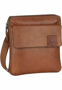 Borsa a tracolla in pelle marrone con forma piatta e rettangolare. Presenta una tasca con flap frontale, chiusura con zip e superficie testurizzata.