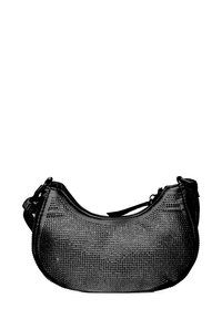 Borsa nera con forma arrotondata, caratterizzata da decorazioni testurizzate e chiusura con zip. Ha una tracolla removibile per una maggiore versatilità.