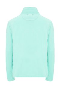 Mintgrøn fleecejakke med høj krave, lange ærmer og en glat tekstur. Har et rent bagdesign uden pynt.