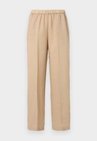 Pantalon en lin beige avec une taille élastique, coupe à jambes larges et texture lisse, présentant une coupe décontractée sans attaches visibles.