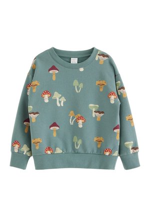 Langærmet sweatshirts i blågrøn med ribbede manchetter og kant, prydet med farverige, forskellige svampeillustrationer spredt ud over stoffet.
