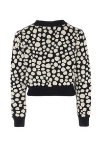 Pulover negru tricotat cu un model abstract de puncte crem, design scurt, manșete și tiv cu nervuri, finisaj texturat.