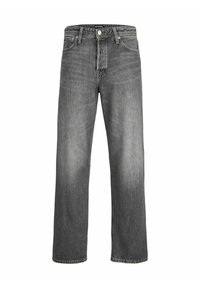 Grå, vida jeans tillverkade av denim; har en knapp- och dragsko-stängning, två framfickor och en bleknad finish.