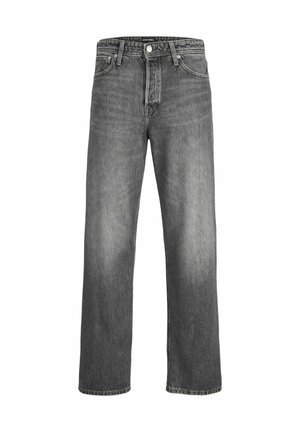 Pilkos, plačios kojų džinsinės kelnės, pagamintos iš džinsinio audinio; turi sagos ir užtrauktuko uždarymą, dvi priekinės kišenes ir išblukusį paviršių.