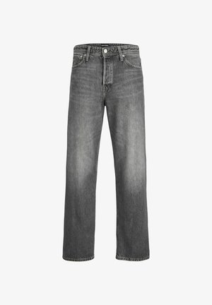 Grå, vide jeans laget av denim; har knapp- og glidelåsåpning, to frontlommer og en falmet finish.