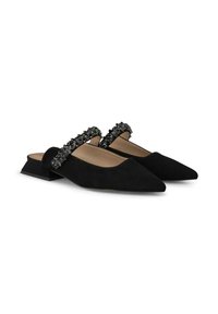Mule in suede nero con punta affusolata e tacco a blocco basso. Presenta una fascia di perline sul dorso del piede. Fodera interna liscia.