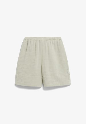 Lichtgroene, gestructureerde katoenen shorts met een elastische tailleband, zijzakken en een iets losse pasvorm, voorzien van gestikte zoomdetails.