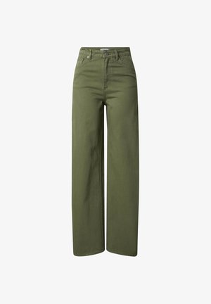 Khaki wijde broek van stevig katoen. Voorzien van een hoge taille, ritssluiting en twee voorkruiszakken.