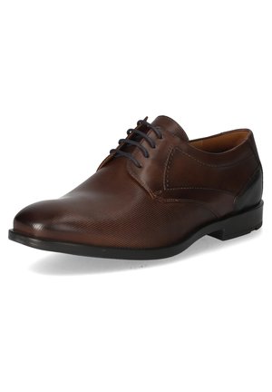 Brown leather dress shoe featuring a smooth and ribbed texture, lace-up design, pointed toe, and a slim black sole.
