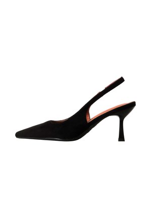 Escarpin femme en daim noir à bride arrière, bout pointu et talon aiguille de hauteur moyenne sur fond blanc.