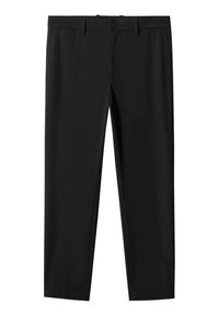Pantaloni neri realizzati in tessuto liscio, con chiusura a bottoni, fronte piatto e design a gamba dritta. Nessun motivo o accentuazione visibile.