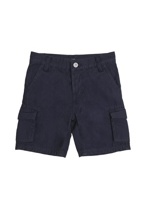 Pantaloncini cargo blu navy con bottone frontale, passanti per cintura, tasche laterali con patta e tasche frontali oblique.